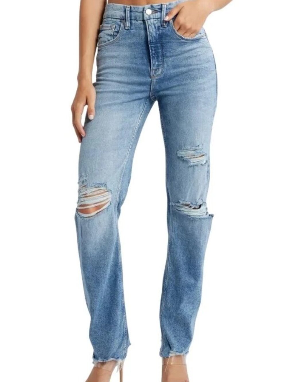 NEW NWT! GOOD AMERICAN GOOD 90s ICON STRAIGHT JEANS RIPPED RIGID DENIM sz 2/26